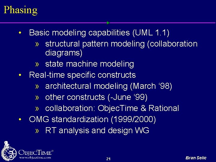 Phasing • Basic modeling capabilities (UML 1. 1) » structural pattern modeling (collaboration diagrams)