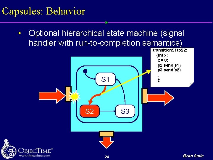 Capsules: Behavior • Optional hierarchical state machine (signal handler with run to completion semantics)