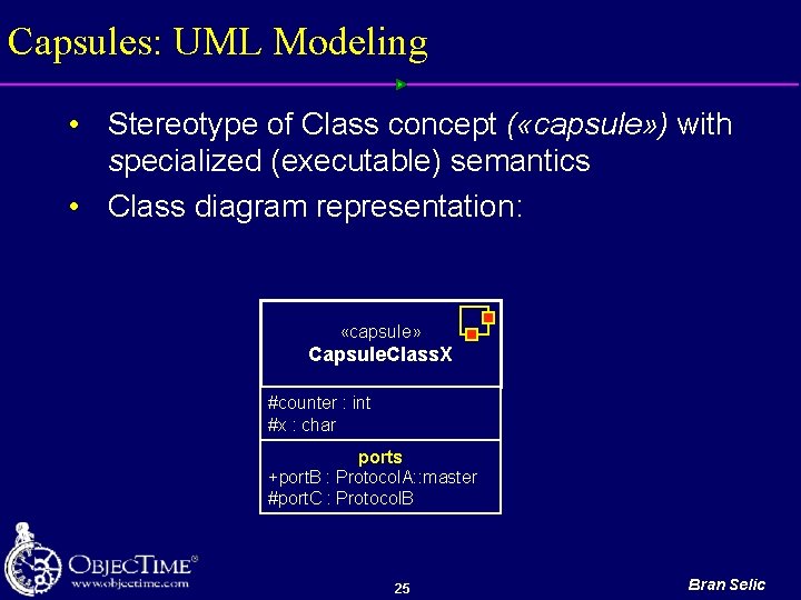 Capsules: UML Modeling • Stereotype of Class concept ( «capsule» ) with specialized (executable)