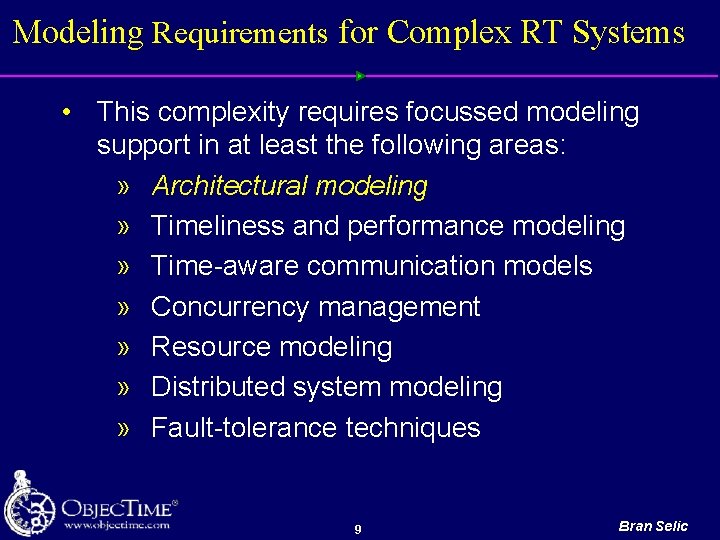 Modeling Requirements for Complex RT Systems • This complexity requires focussed modeling support in
