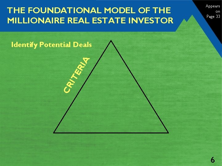 THE FOUNDATIONAL MODEL OF THE MILLIONAIRE REAL ESTATE INVESTOR Appears on Page 33 CR