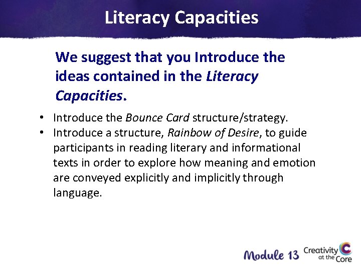 Literacy Capacities We suggest that you Introduce the ideas contained in the Literacy Capacities.