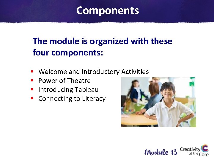 Components The module is organized with these four components: § § Welcome and Introductory