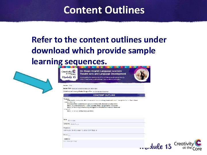Content Outlines Refer to the content outlines under download which provide sample learning sequences.