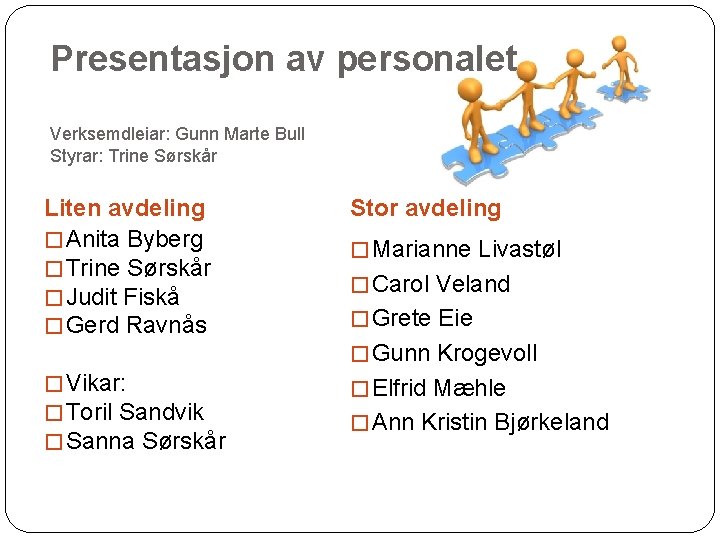 Presentasjon av personalet Verksemdleiar: Gunn Marte Bull Styrar: Trine Sørskår Liten avdeling � Anita