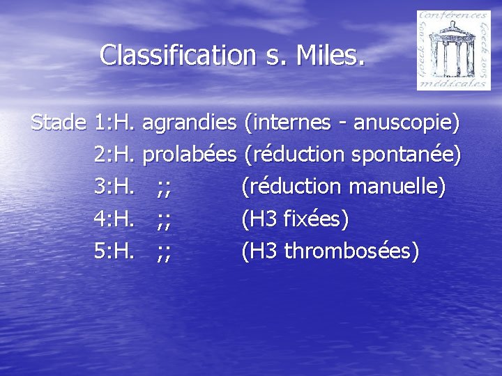 Classification s. Miles. Stade 1: H. agrandies (internes - anuscopie) 2: H. prolabées (réduction