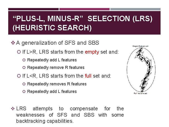 “PLUS-L, MINUS-R” SELECTION (LRS) (HEURISTIC SEARCH) v A generalization of SFS and SBS If