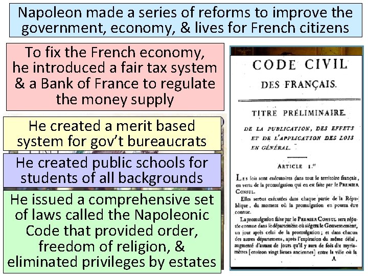 Napoleon made a series of reforms to improve the government, economy, & lives for