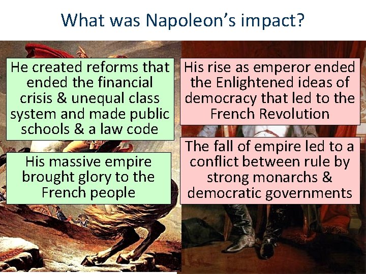 What was Napoleon’s impact? He created reforms that His rise as emperor ended the