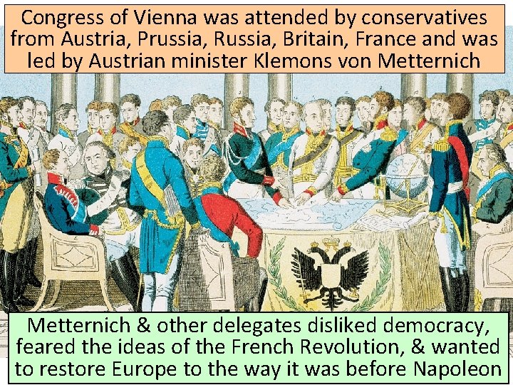 Congress of Vienna was attended by conservatives from Austria, Prussia, Russia, Britain, France and