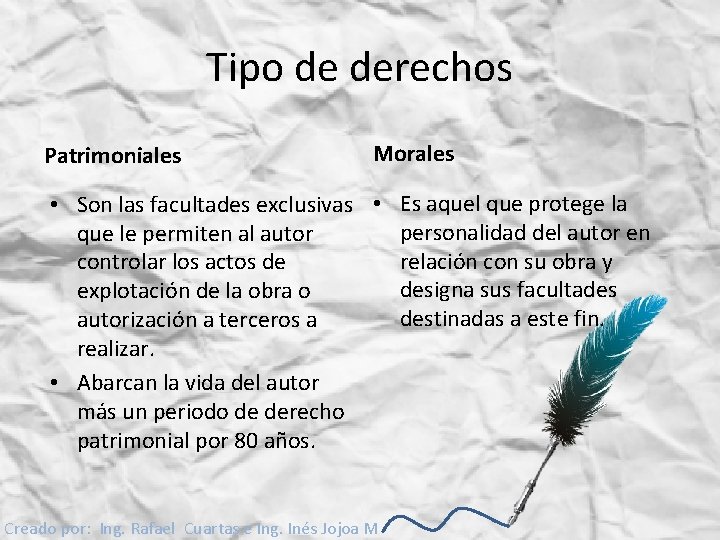 Tipo de derechos Patrimoniales Morales • Son las facultades exclusivas • Es aquel que
