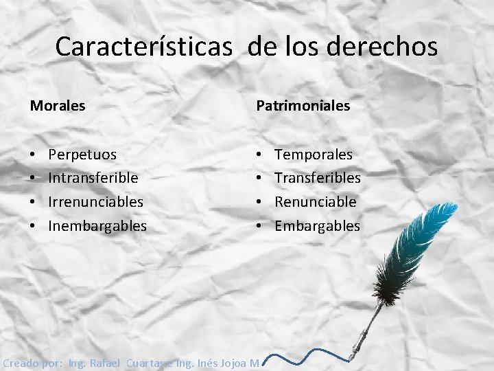 Características de los derechos Morales • • Perpetuos Intransferible Irrenunciables Inembargables Patrimoniales • •