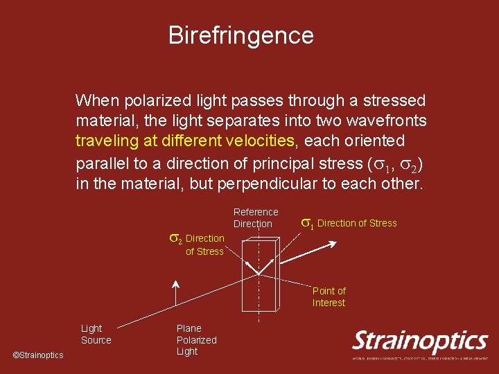 Birefringence When polarized light passes through a stressed material, the light separates into two