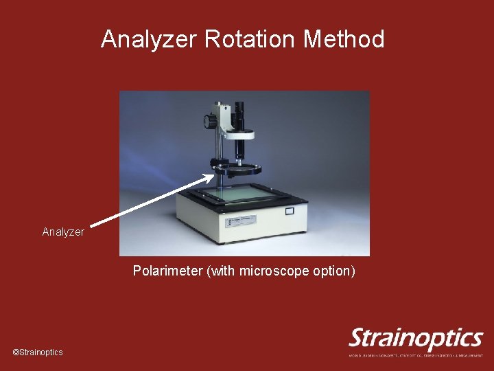 Analyzer Rotation Method Analyzer Polarimeter (with microscope option) ©Strainoptics 