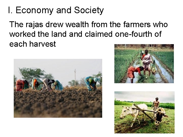 I. Economy and Society The rajas drew wealth from the farmers who worked the