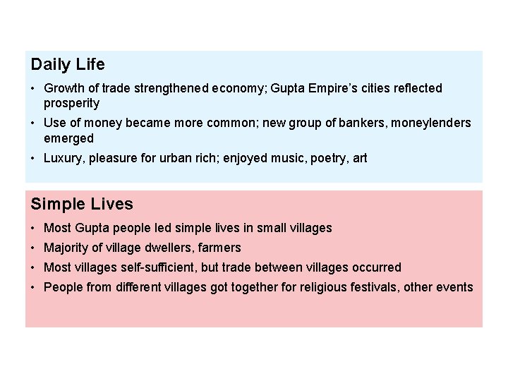 Daily Life • Growth of trade strengthened economy; Gupta Empire’s cities reflected prosperity •