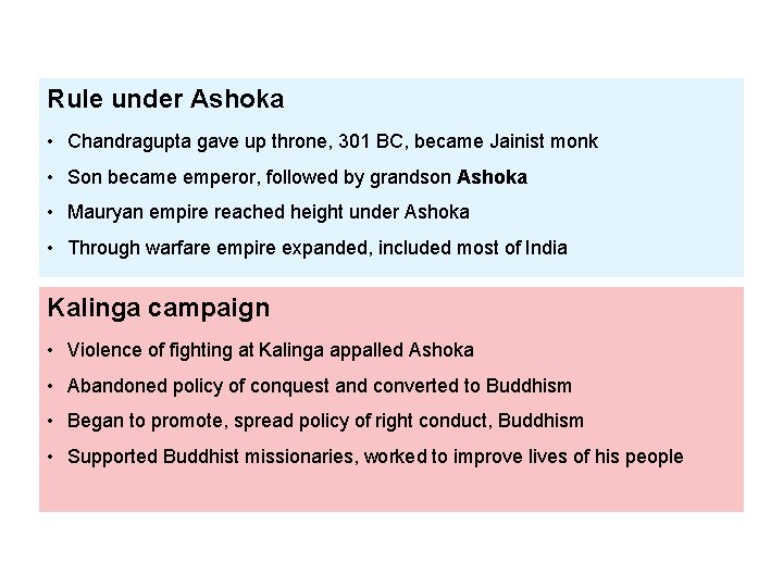 Rule under Ashoka • Chandragupta gave up throne, 301 BC, became Jainist monk •