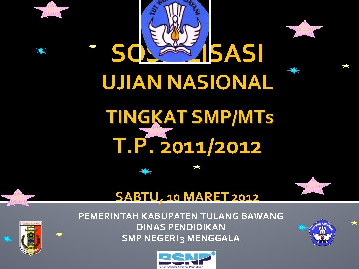 SOSIALISASI UJIAN NASIONAL TINGKAT SMP/MTs T. P. 2011/2012 SABTU, 10 MARET 2012 PEMERINTAH KABUPATEN