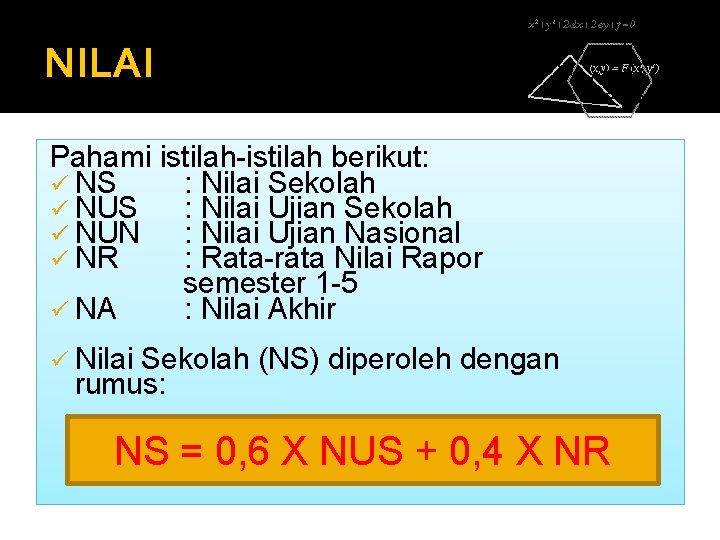 NILAI Pahami istilah-istilah berikut: ü NS : Nilai Sekolah ü NUS : Nilai Ujian