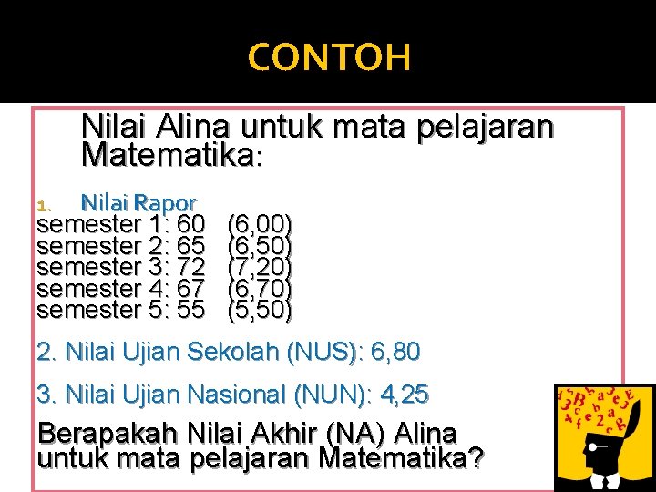 CONTOH Nilai Alina untuk mata pelajaran Matematika: Nilai Rapor semester 1: 60 semester 2: