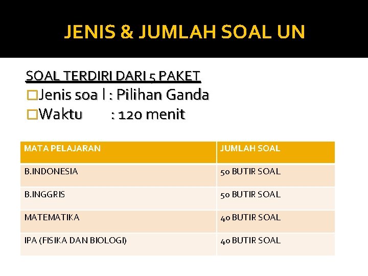 JENIS & JUMLAH SOAL UN SOAL TERDIRI DARI 5 PAKET �Jenis soa l :