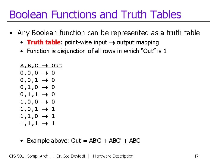 Boolean Functions and Truth Tables • Any Boolean function can be represented as a