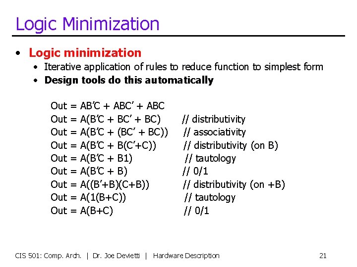 Logic Minimization • Logic minimization • Iterative application of rules to reduce function to
