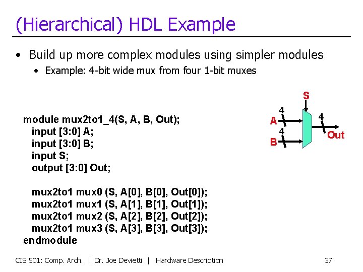 (Hierarchical) HDL Example • Build up more complex modules using simpler modules • Example: