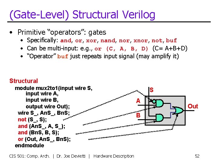 (Gate-Level) Structural Verilog • Primitive “operators”: gates • Specifically: and, or, xor, nand, nor,