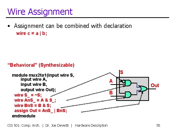 Wire Assignment • Assignment can be combined with declaration wire c = a |