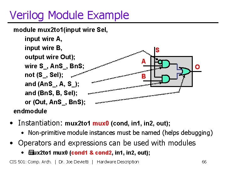 Verilog Module Example module mux 2 to 1(input wire Sel, input wire A, input
