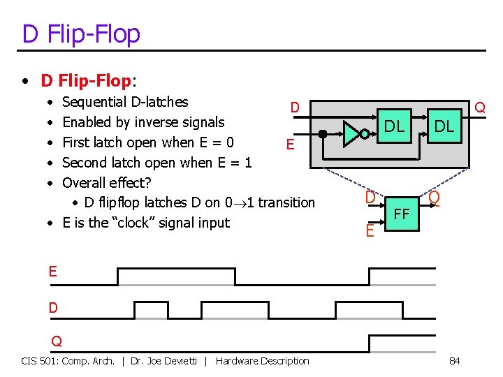 D Flip-Flop • D Flip-Flop: • • • Sequential D-latches D Enabled by inverse