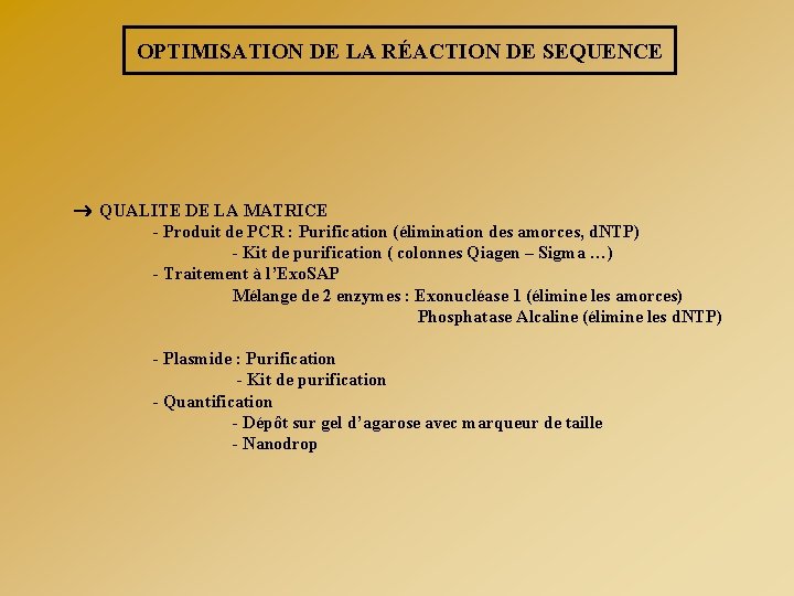 OPTIMISATION DE LA RÉACTION DE SEQUENCE QUALITE DE LA MATRICE - Produit de PCR