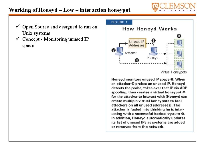 Working of Honeyd – Low – interaction honeypot ü Open Source and designed to