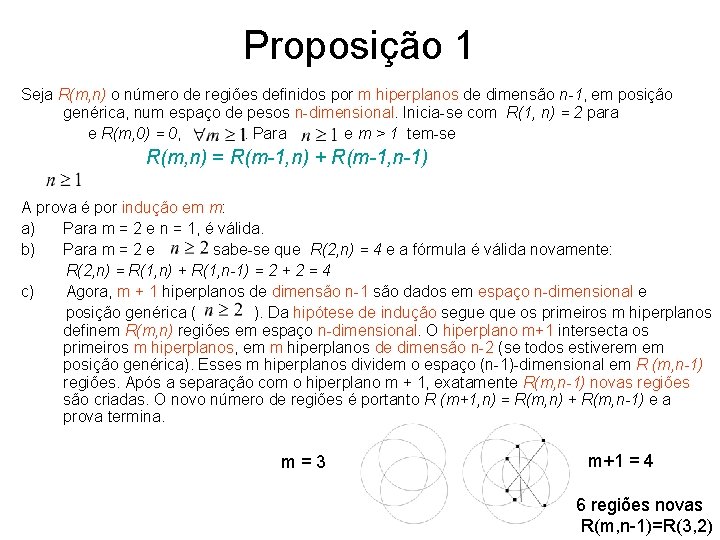 Proposição 1 Seja R(m, n) o número de regiões definidos por m hiperplanos de