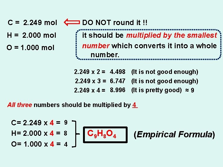 C = 2. 249 mol DO NOT round it !! H = 2. 000