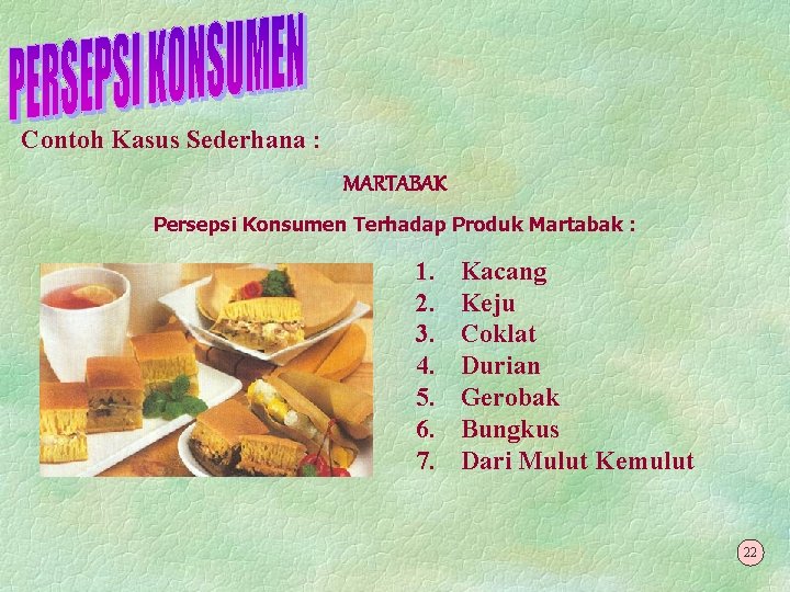 Contoh Kasus Sederhana : MARTABAK Persepsi Konsumen Terhadap Produk Martabak : 1. 2. 3.