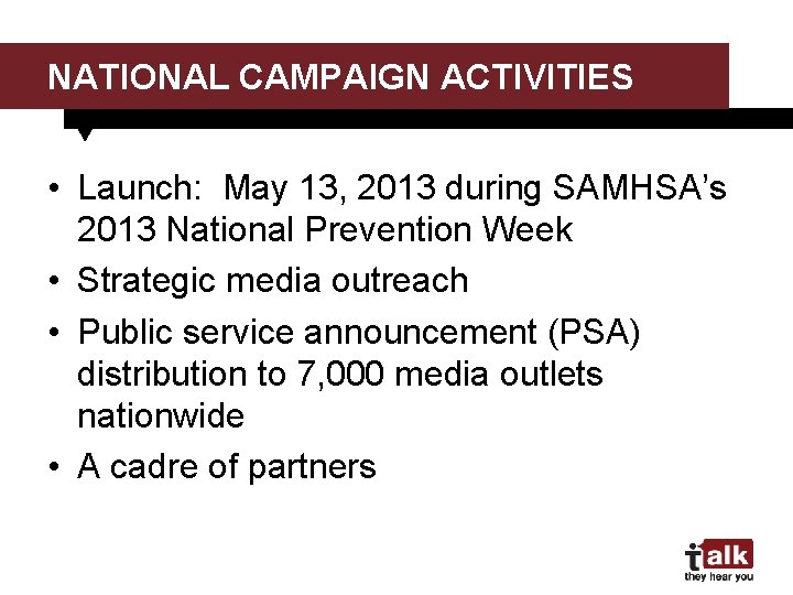 NATIONAL CAMPAIGN ACTIVITIES • Launch: May 13, 2013 during SAMHSA’s 2013 National Prevention Week