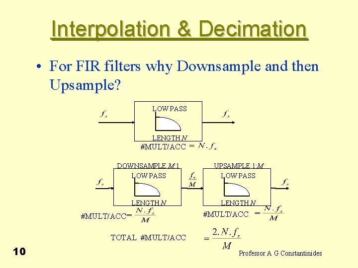  Interpolation & Decimation • For FIR filters why Downsample and then Upsample? LOW