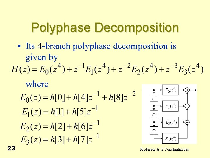 Polyphase Decomposition • Its 4 -branch polyphase decomposition is given by where 23 Professor