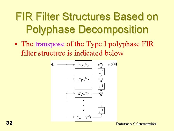 FIR Filter Structures Based on Polyphase Decomposition • The transpose of the Type I