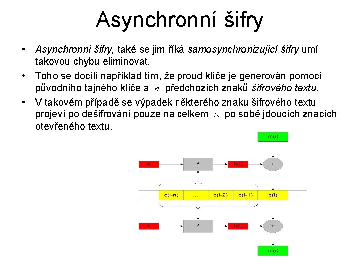 Asynchronní šifry • Asynchronní šifry, také se jim říká samosynchronizující šifry umí takovou chybu