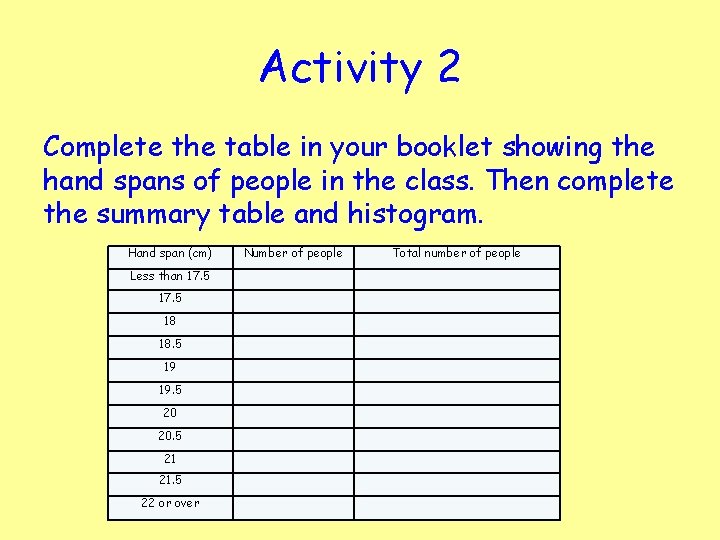 Activity 2 Complete the table in your booklet showing the hand spans of people