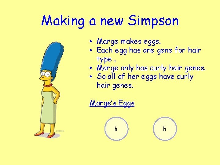 Making a new Simpson • Marge makes eggs. • Each egg has one gene