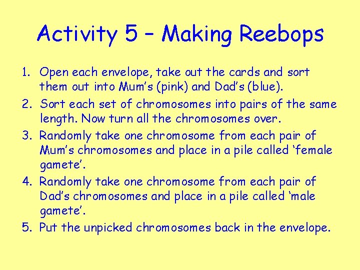 Activity 5 – Making Reebops 1. Open each envelope, take out the cards and