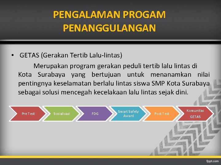 PENGALAMAN PROGAM PENANGGULANGAN • GETAS (Gerakan Tertib Lalu-lintas) Merupakan program gerakan peduli tertib lalu