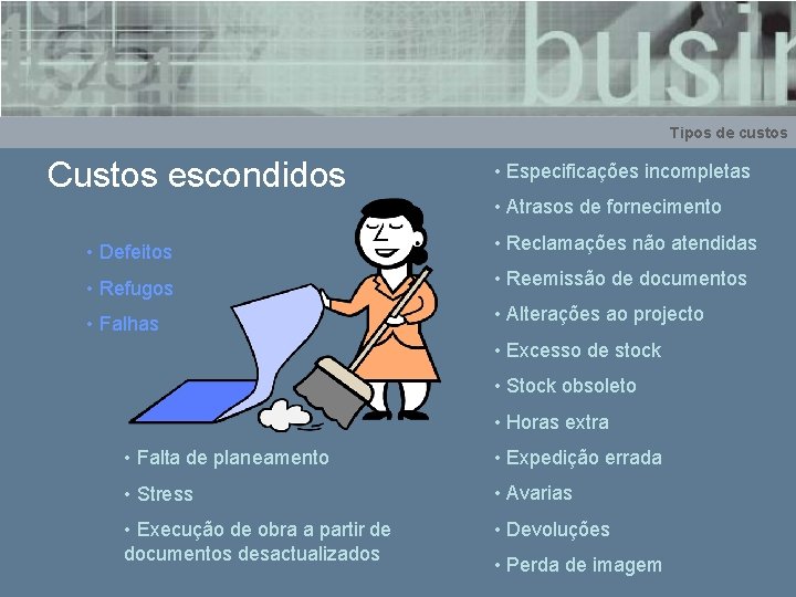 Tipos de custos Custos escondidos • Especificações incompletas • Atrasos de fornecimento • Defeitos