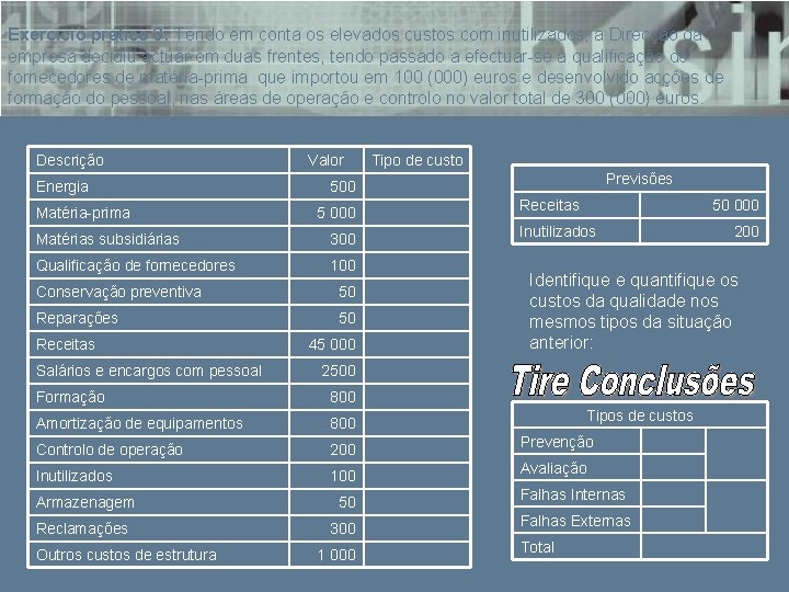 Exercício prático 3: Tendo em conta os elevados custos com inutilizados, a Direcção da