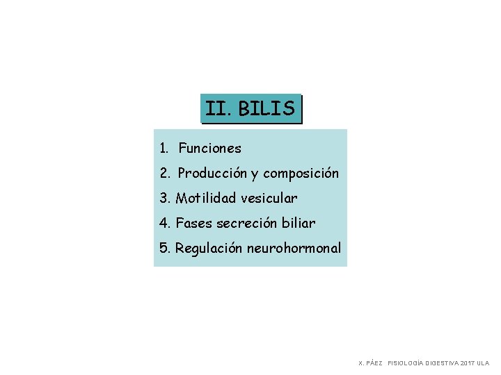 II. BILIS 1. Funciones 2. Producción y composición 3. Motilidad vesicular 4. Fases secreción