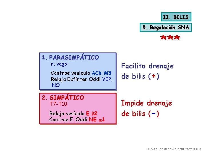 II. BILIS 5. Regulación SNA *** 1. PARASIMPÁTICO n. vago Contrae vesícula ACh M